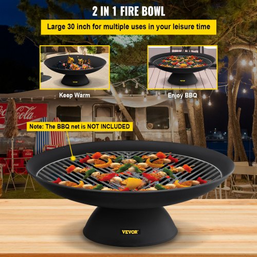 Fire Pit Bowl, 30-Inch Deep Round Cast Iron Fire Bowl, Wood Burning for Outdoor Patios, Backyards & Camping Uses, with A Stable Bowl Designed Base and A Firewood Stick, Black