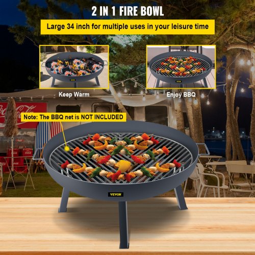 Fire Pit Bowl, 34-Inch Deep Round Carbon Steel Fire Bowl, Wood Burning for Outdoor Patios, Backyards & Camping Uses, with A Drain Hole, Portable Handles and A Firewood Stick, Black
