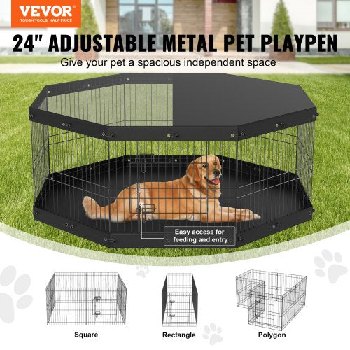 Dog Playpen, 8 Panels Foldable Metal Dog Exercise Pen with Top Cover and Bottom Pad, 24" H Pet Fence Puppy Crate Kennel, Indoor Outdoor Dog Pen for Small Medium Pets, for Camping, Yard