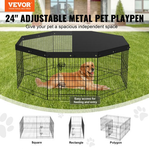 Dog Playpen, 8 Panels Foldable Metal Dog Exercise Pen with Top Cover, 24" H Pet Fence Puppy Crate Kennel with Ground Stakes, Indoor Outdoor Dog Pen for Small Medium Pets, for Camping, Yard