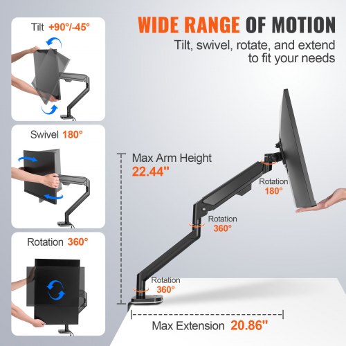 Single Monitor Mount, Supports 13"-35" Screen, Fully Adjustable Gas Spring Monitor Arm, Holds up to 26.4 lbs, Computer Monitor Stand Holder with C-Clamp/Grommet Mounting Base, VESA Mount Bracket