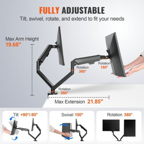 Dual Monitor Mount, Supports 13"-35" Screens, Fully Adjustable Gas Spring Monitor Arm, Holds up to 26.4 lbs per Arm, Computer Stand Holder with C-Clamp/Grommet Mounting Base, VESA Mount Bracket