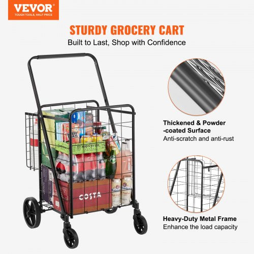 Folding Shopping Cart, Jumbo Grocery Cart with Double Baskets, 360° Swivel Wheels, Heavy Duty Utility Cart, 110 LBS Large Capacity Utility Cart for Laundry, Shopping, Grocery, Luggage