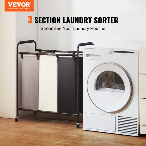 3-Section Laundry Basket, Heavy Duty Laundry Hamper Storage Organizer, Laundry Sorter Cart with Heavy Duty Lockable Wheels for Dirty Clothes in Laundry Room Bedroom