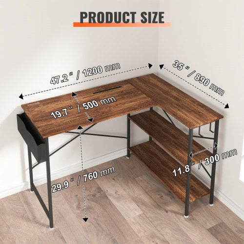 L Shaped Computer Desk, 47'' Corner Desk with Storage Shelves, Bag, Phone Slot, and Headphone Hook, Work Desk Gaming Desk for Home Office Workstation, Rustic Brown
