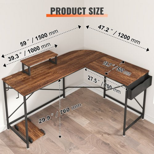 L Shaped Computer Desk, 59'' Corner Desk with Storage Bag, Monitor Riser and CPU Stand, Work Desk Gaming Desk for Home Office Workstation, Rustic Brown