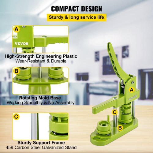 Badge Button Press, 1 Inch (25 mm) Button Press Machine, Green Button Badge Maker Machine with 1 Circle Cutter and 500 Sets of Components (Metal Fronts, Clear Plastic Mylar, Plastic Backs)