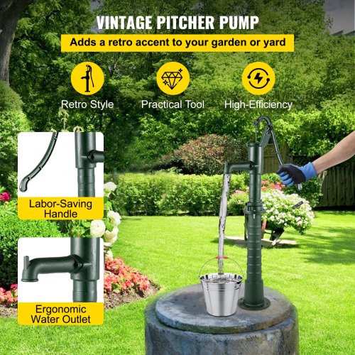 Hand Water Pump w/ Stand, 15.7 x 9.4 x 51.6 inch Pitcher Pump& 26 inch Pump Stand w/ Pre-set 1/2" Holes for Easy Installation, Rustic Cast Iron Well Pump for Yard, Garden, Farm Irrigation, Green