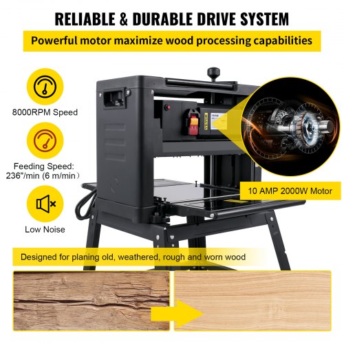 Thickness Planer 12-Inch Benchtop Planer 2000W Wood Planer 8000 rpm Woodworking Planer 10 AMP Wood Planer Foldable 6m/min Planing Speed with Iron Stand Dust Exhaust for Woodworking Wooden Plank
