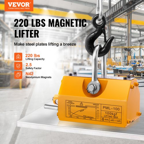 Magnetic Lifter, 220 lbs/100 kg Pulling Capacity, 2.5 Safety Factor, Neodymium & Steel, Lifting Magnet with Release, Permanent Lift Magnets, Heavy Duty Magnet for Hoist, Shop Crane, Block, Board