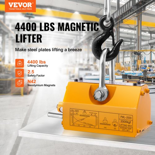 Magnetic Lifter, 4400lbs/2000kg Pulling Capacity, 2.5 Safety Factor, Neodymium & Steel, Lifting Magnet with Release, Permanent Lift Magnets, Heavy Duty Magnet for Hoist, Shop Crane, Block, Board