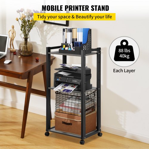 Printer Shelf, 3-Tier Mobile Printer Stand, Adjustable Storage Shelf Rack on Lockable Wheels, 88 lbs Capacity Printer Table for Home Office Small Spaces Organization, 50 x 35x 106.7 cm, Black