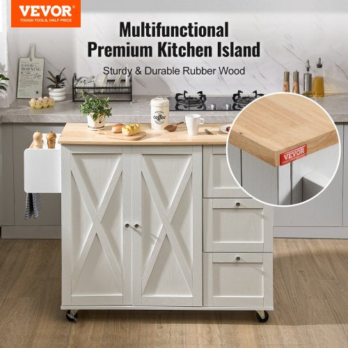 Kitchen Island Cart with Solid Wood Top, 45.3" Width Mobile Carts with Storage Cabinet, Rolling Kitchen Table with Spice Rack, Towel Rack, Drop Leaf and Drawer, Portable Islands on Wheels, White