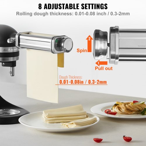 Pasta Attachment for KitchenAid Stand Mixer, Stainless Steel Pasta Sheet Roller Attachment, Pasta Maker Machine Accessory with 8 Adjustable Thickness Knob, KitchenAid Pasta Attachment by VEVOR