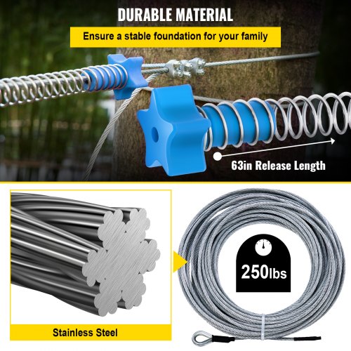 Zipline Kits for Backyard, 80Ft Kids Zipline, Zip Lines for Kids and Adults w/ 250lb Max Capacity, Backyard Zip Line Set w/ Stainless Steel Cable, Zip String Toy w/ Spring Brake & Steel Trolley