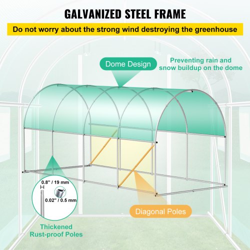 Walk-in Tunnel Greenhouse, 15 x 7 x 7 ft Portable Plant Hot House w/ Galvanized Steel Hoops, 1 Top Beam, 2 x Diagonal Poles, 2 Zippered Doors & 8 Roll-up Windows, White