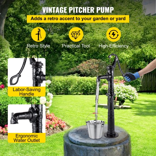 Hand Water Pump w/ Stand, 15.7 x 9.4 x 53.1 inch Pitcher Pump & 26 inch Pump Stand w/ Pre-set 1/2" Holes for Easy Installation, Rustic Cast Iron Well Pump for Yard, Garden, Farm Irrigation,Black