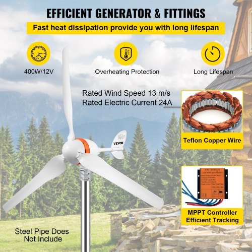 Wind Turbine Generator, 12V/AC Wind Turbine Kit, 400W Wind Power Generator With MPPT Controller 3 Blades Auto Adjust Windward Direction Suitable for Terrace, Marine, Motor Home, Chalet, Boat