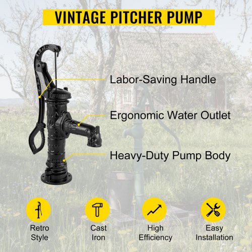 Antique Hand Water Pump 14.6 x 5.9 x 25.6 inch Pitcher Pump w/Handle Cast Iron Well Pump w/ Pre-Set 0.5" Holes for Easy Installation Old Fashion Pitcher Hand Pump for Yard Ponds Garden Black