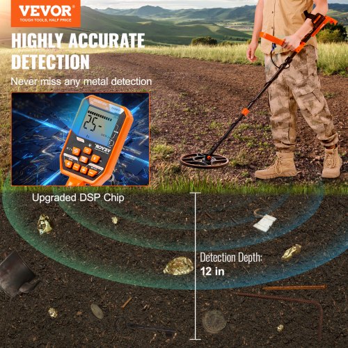 Waterproof Metal Detector, 12" Coil, Professional Rechargeable Gold Detector, 39-50 in Adjustable with LCD 7 Modes Advanced DSP Chip Bluetooth Headset, IP68 for Detecting Gold Treasure Hunting