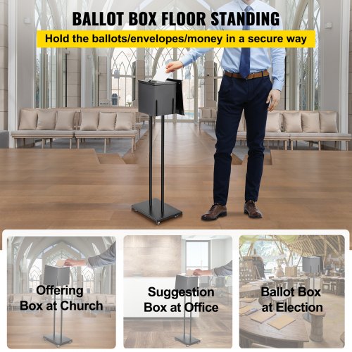 Ballot Box, Floor Standing Suggestion Box with Lock and Sign Holder, Side Pocket for Storing Ballots, Brochures, Donation Box for Home Office Church Election, 8.6"W x 9.4"H x 8"D, Black