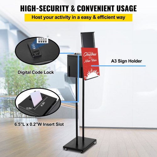 Ballot Box, Floor Standing Suggestion Box with Lock and Sign Holder, Side Pocket for Storing Ballots, Brochures, Donation Box for Home Office Church Election, 8.6"W x 9.4"H x 8"D, Black