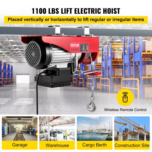 Electric Hoist, 1100 lbs Electric Winch, Electric Lift with Wireless Remote Control System, Zinc-Plated Steel Wire Electric Hoist Crane, Electric Cable Hoist w/Straps and Emergency Stop Switch