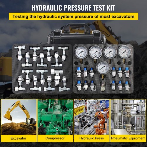Hydraulic Pressure Test Kit, 10/100/250/400/600bar, 5 Gauges 13 Test Couplings 14 Tee Connectors 5 Test Hoses, Hydraulic Gauge Kit w/ Sturdy Carrying Case, for Excavator Construction Machinery