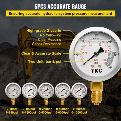 Hydraulic Pressure Test Kit, 10/100/250/400/600bar, 5 Gauges 13 Test Couplings 14 Tee Connectors 5 Test Hoses, Hydraulic Gauge Kit w/ Sturdy Carrying Case, for Excavator Construction Machinery