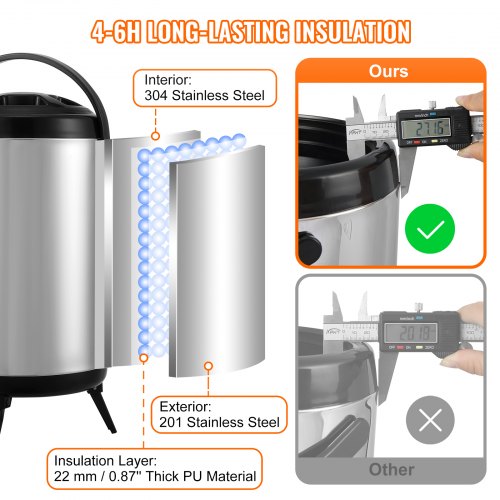 Stainless Steel Insulated Beverage Dispenser, 2 Gallon 7.6 Liter, Thermal Hot and Cold Drink Server Dispenser with Spigot Handle, Food-grade for Hot Tea Coffee Water Restaurant Drink Shop