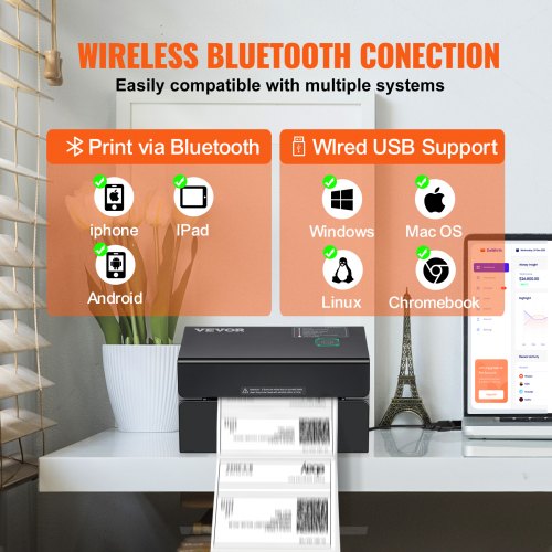Thermal Label Printer, 300DPI for 4x6 Mailing Packages, Bluetooth & Automatic Label Recognition, Support Windows/MacOS/Linux/Chromebook/Android/IOS, Compatible w/ Amazon, eBay, Etsy,etc, Black