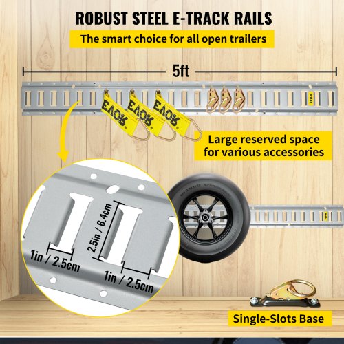 E Track Tie-Down Rail Kit, 34PCS 5FT E-Tracks Set Includes 8 Steel Rails & 2 Single Slot & 8 O Rings & 8 Tie-Offs w/ D-Ring & 8 End Caps, Securing Accessories for Cargo, Motorcycles, and Bikes