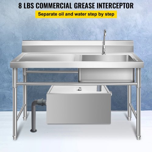 Commercial Grease Interceptor, 6 GPM Commercial Grease Trap, 8 LB Grease Interceptor, Stainless Steel Grease Trap w/ Top & Side Inlet, Under Sink Grease Trap for Restaurant Factory Home Kitchen