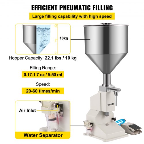 Pneumatic Liquid Filling Machine A02, Pneumatic Paste Filler 5-50ML, with Stainless Steel Hopper Bottle Filling Machine for Water Oil Liquid Cream Honey Skin Care 20-60 Times/Min
