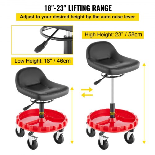 Shop Stool, 400 LBS Rolling Garage Stool, 56 cm to 66 cm Adjustable Height Mobile Rolling Gear Seat, Round Tray Garage Pneumatic Stool, All-Terrain 5" Casters with Two Brakes Mechanic Seat