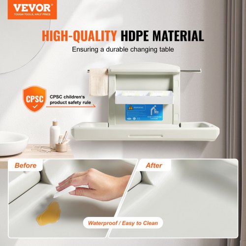 Wall-Mounted Baby Changing Station, Horizontal Foldable Diaper Change Table with Safety Straps and Hanging Rods, Use in Commercial Bathrooms, Daycare Centers for Newborns & Infant