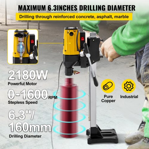 Z1Z-160 Diamond Drill Concrete Core Machine 220V, Feed Crank Core Drilling with Stand Bits, 6Inch W/Stand Bits Wet Drilling, Max 160mm Reinforced ConcreteCore Drills