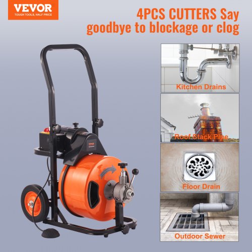 Drain Cleaner Machine Electric Drain Auger 100 FT x 1/2 In Auto Feed