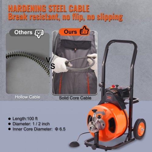 Drain Cleaner Machine Electric Drain Auger 100 FT x 1/2 In Auto Feed