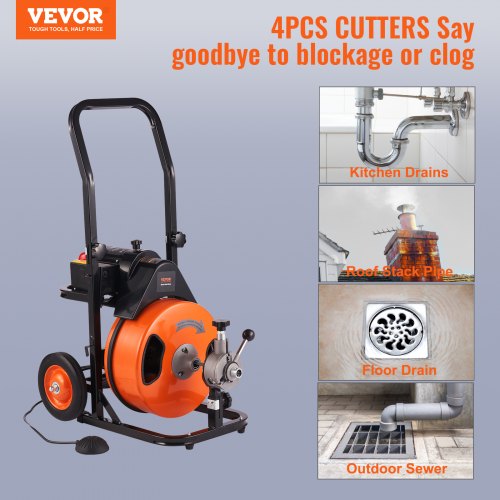 Drain Cleaner Machine Electric Drain Auger 100 FT x 3/8 In Auto Feed