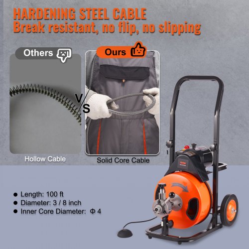 Drain Cleaner Machine Electric Drain Auger 100 FT x 3/8 In Auto Feed