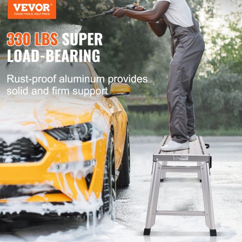 Adjustable Work Platform, 330 lbs Load Capacity, Folding Aluminum Drywall Stool Ladder, Non-Slip Work Bench w/ Portable Handle, Heavy Duty for Washing Vehicles, Cleaning, Painting, Decorating