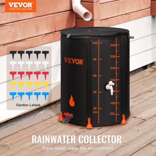 Collapsible Rain Barrel, 100 Gallon Large Capacity, PVC Rainwater Collection System Including Spigots and Overflow Kit, Portable Water Tank Storage Container for Garden Water Catcher, Black