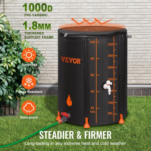 Collapsible Rain Barrel, 100 Gallon Large Capacity, PVC Rainwater Collection System Including Spigots and Overflow Kit, Portable Water Tank Storage Container for Garden Water Catcher, Black