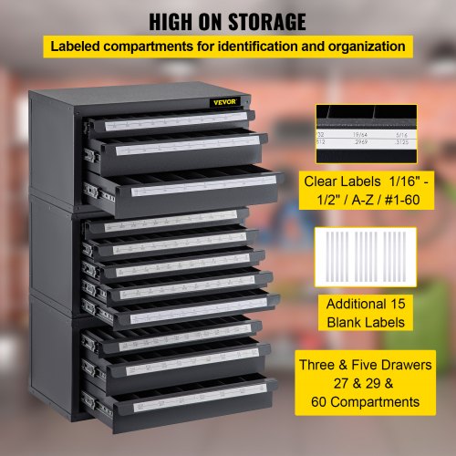 Drill Bit Dispenser Cabinet, Three-Drawer Drill Bit Dispenser for 1/16" to 1/2" & Letter Sizes A to Z, Five-Drawer Drill Bit Organizer for Wire Gauge Sizes #1 to #60, 3 Pieces Drill Cabinet Set