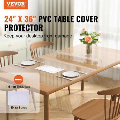 Clear Table Cover Protector, 24" x 36"/613 x 922 mm Table Cover, 1.5 mm Thick PVC Plastic Tablecloth, Waterproof Desktop Protector for Writing Desk, Coffee Table, Dining Room Table