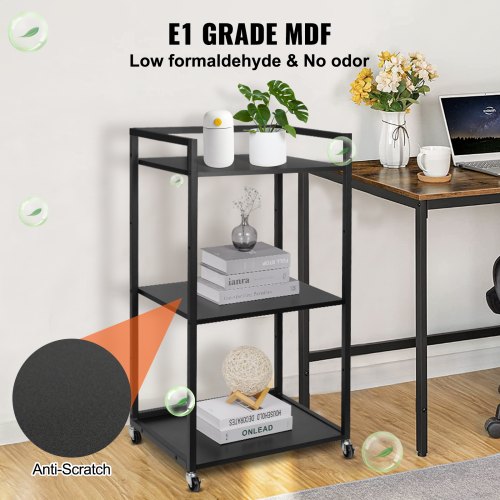 Printer Stand with Wheels, Height Adjustable 3 Tier Printer Stand, Printer Cart with Storage Shelves for Printer, Scanner, Fax, Home Office Use, CARB Certified, Black