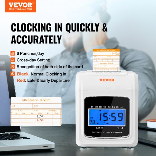 Punch Time Clock, Time Tracker Machine for Employees of Small Business, 6 Punches/day, Includes 52 Time Cards, 1 Ink Ribbon and 2 Security Keys