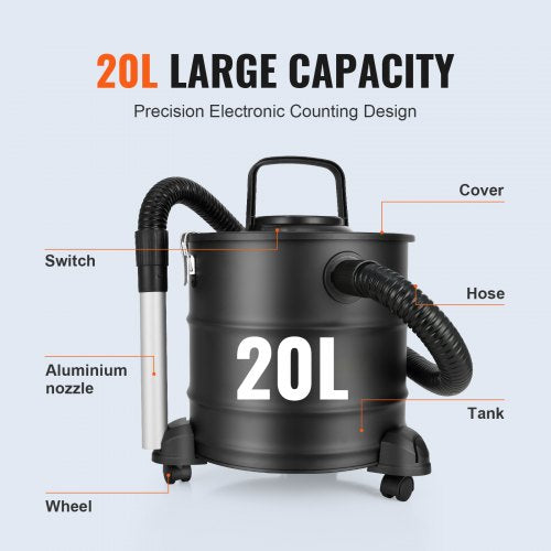 Ash Vacuum Cleaner, 20 L with 1200W Powerful Suction, Ash Vac Collector with 1.2 M Flexible Hose & Wheels, for Fireplaces, Pellet Stoves, Wood Stove, Log Burner, Grills, Pizza Ovens, Fire Pits