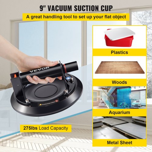 Glass Lifting Vacuum Suction Cup, 9'' Glass Lifter Suction Cup, 275lbs Load Capacity Glass Lifting Suction Cup, Heavy-Duty Hand-Held Glass Lifter For Moving Large Granite Tile & Replacing Window
